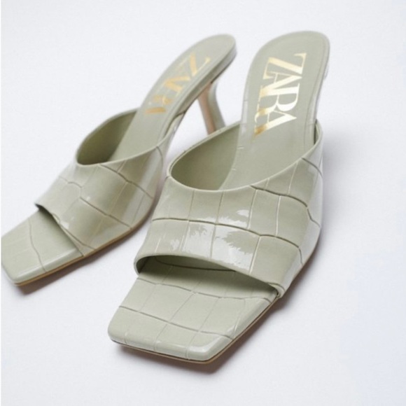 Zara Shoes Zara Mint Green Croc Embossed Mule Heel Sandals With